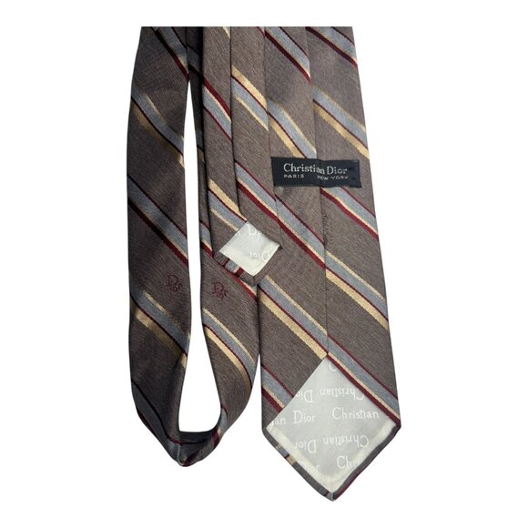 Vintage Christian Dior Striped Silk Tie Gray W/ Burgundy & Blue Accents - Picture 3 of 7